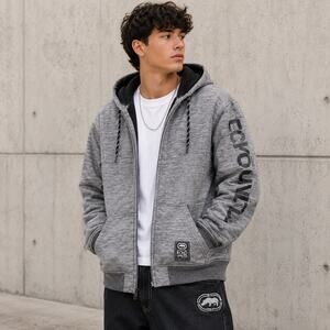 Ecko Unltd. XL Gray Sherpa Lined Full Zip Hoodie Jacket Y2K Hip Hop Streetwear
